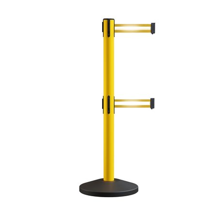 MONTOUR LINE Retractable Dbl Belt Rolling Stanchion, 2.5in YW Post  7.5'Y Ref. Belt MS630D-YW-YRH-75